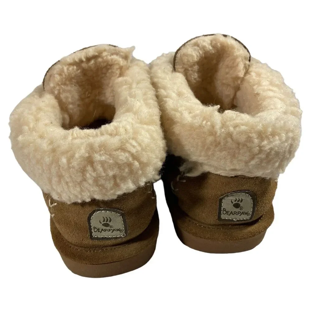BEARPAW Kory Low Top Brown Suede Wool Blend Lining Moccasin Boots Youth 4